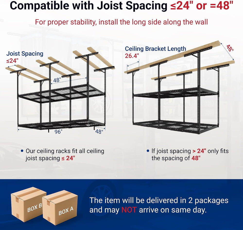 FLEXIMOUNTS 4x8 2-Tier Overhead Ceiling Garage Storage Rack, Black