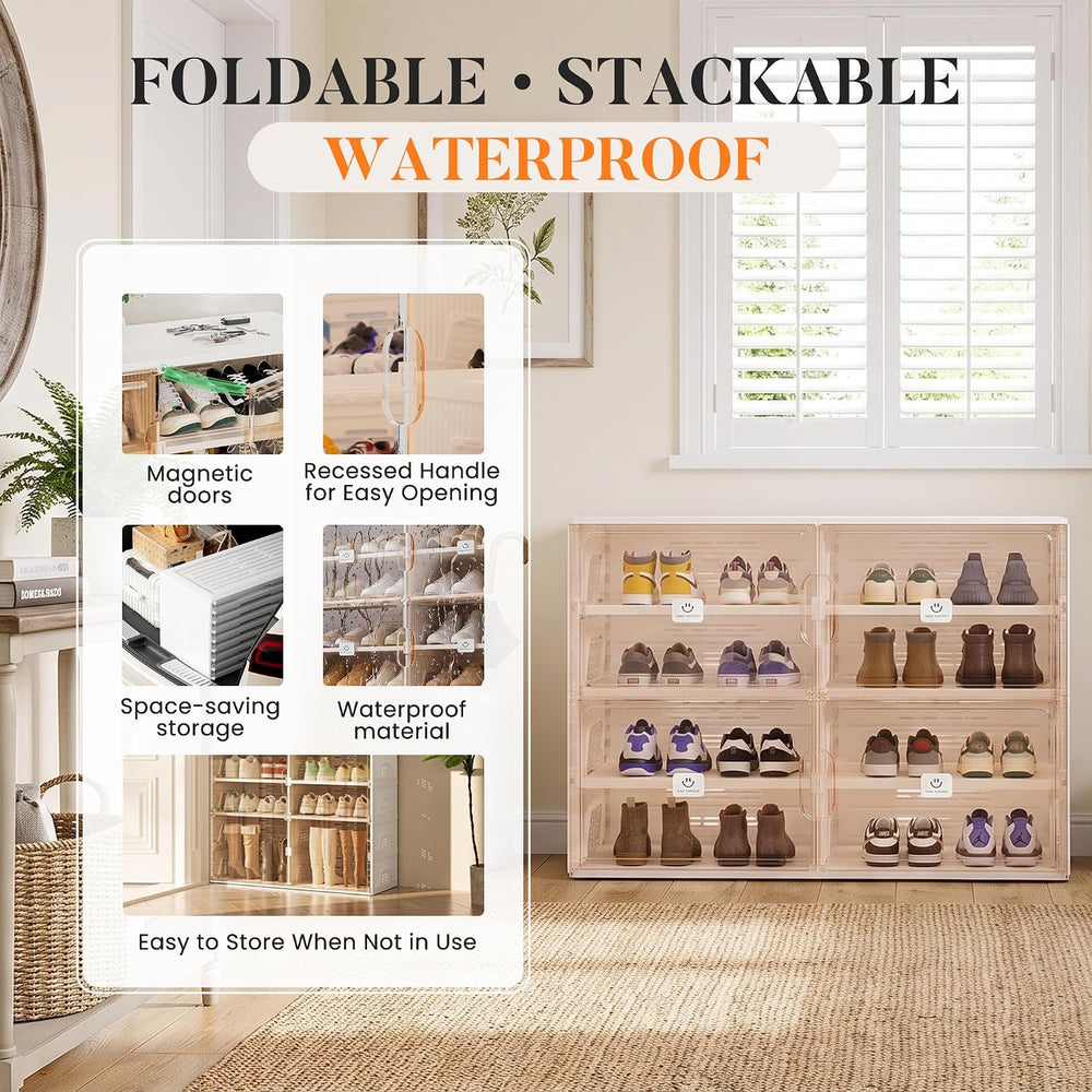 Foldable Shoe Organizer Storage Cabinet with Clear Magnetic Doors, Stackable ...