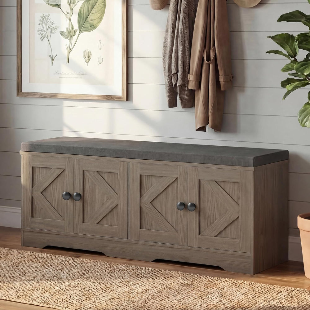 Apicizon Storage Bench with Seat Cushion, 2 Tier Entryway Bench with 4 Barn D...