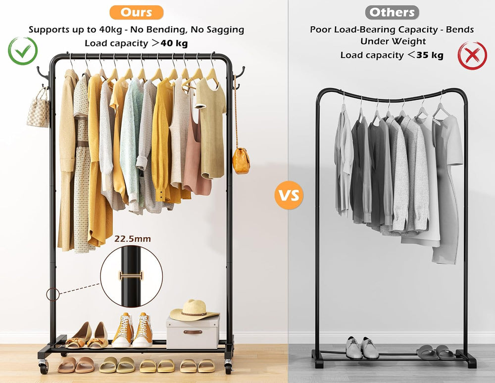 HOMIDEC Clothes Rail, 4 Side Hooks, Storage Shelf and Wheels, Metal, Black