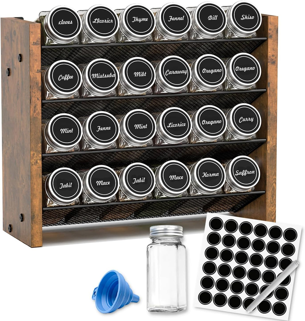 Spice Rack Organizer with 24 Glass Jars, for Cabinet Wall Mount Countertop