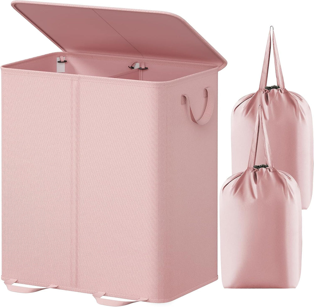Lifewit Double Laundry Hamper with Lid, Removable Laundry Bags, Pink