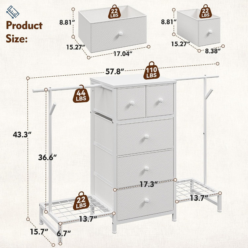 Romorgniz 3-in-1 White Dresser with Hanging Rack, 5 Drawers & 2 Shoe Racks