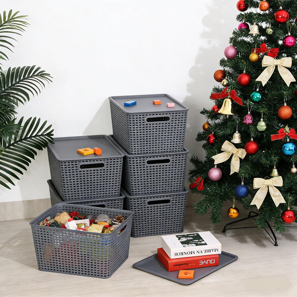 6 Pack Plastic Storage Bins with Lids, Stackable Storage Baskets with Handles...