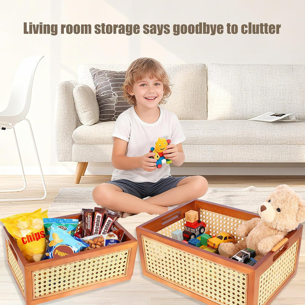 Rattan Storage Baskets Set, Wooden Frame with Woven Cane Design, Nesting Orga...