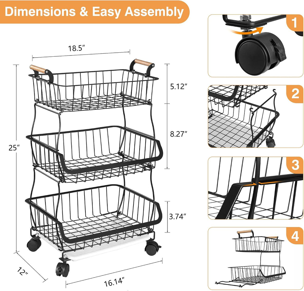 VECELO 3-Tier Fruit Basket with Wheels, Fruit and Vegetable Storage Cart for ...