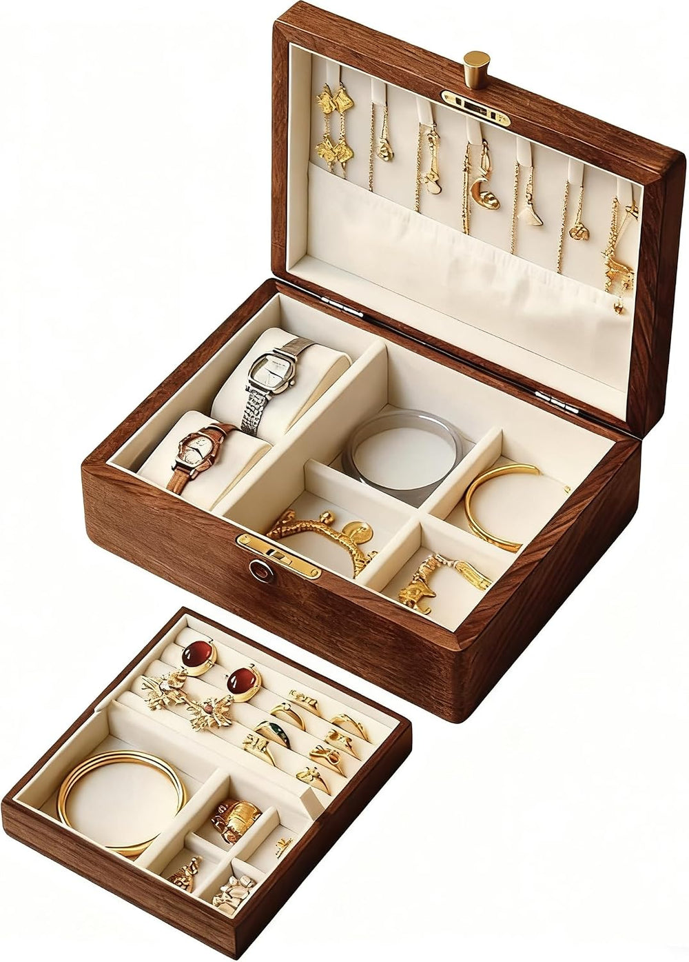 Bescott 2 Layer Solid Black Walnut Wooden Jewelry Box with Lock and Key for W...