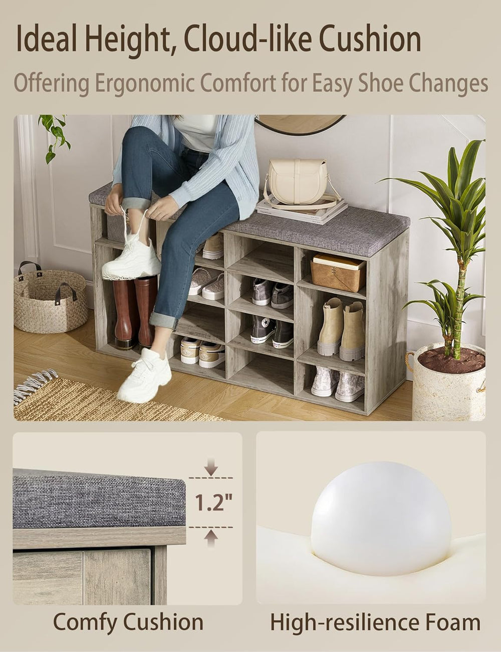 DINZI LVJ Shoe Storage Bench with Cushion, 16-Cubby Shoe Rack with Seat