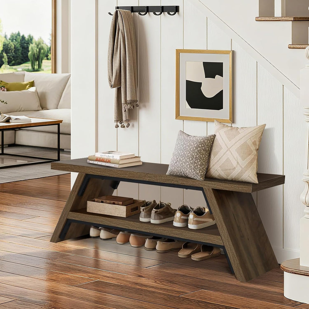 2-Tier Shoe Storage Bench, Solid Wood Entryway Stool Storage