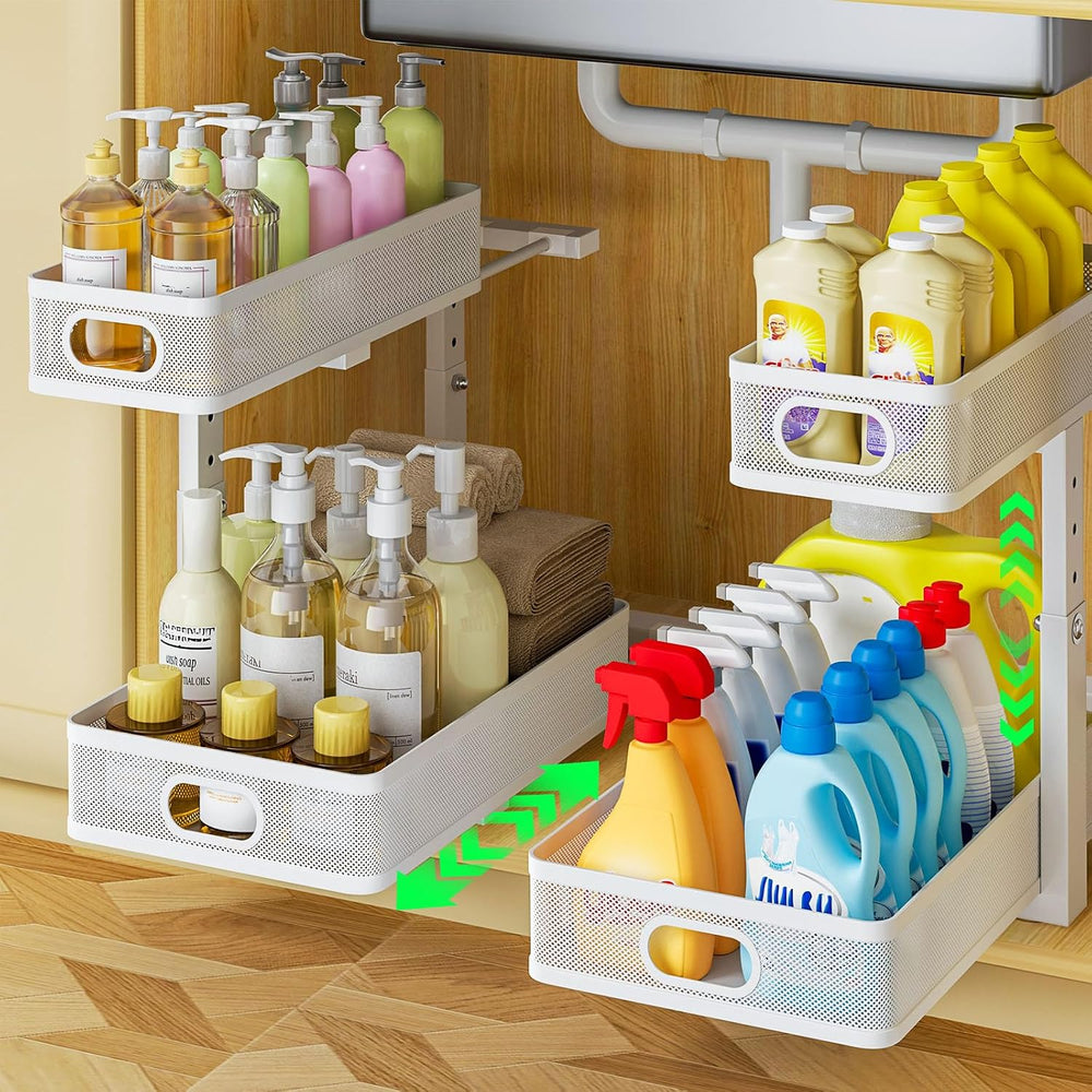 Under Sink Organizer 2-Pack, Metal 2-Tier Pull-Out Cabinet Shelf with Slide-O...