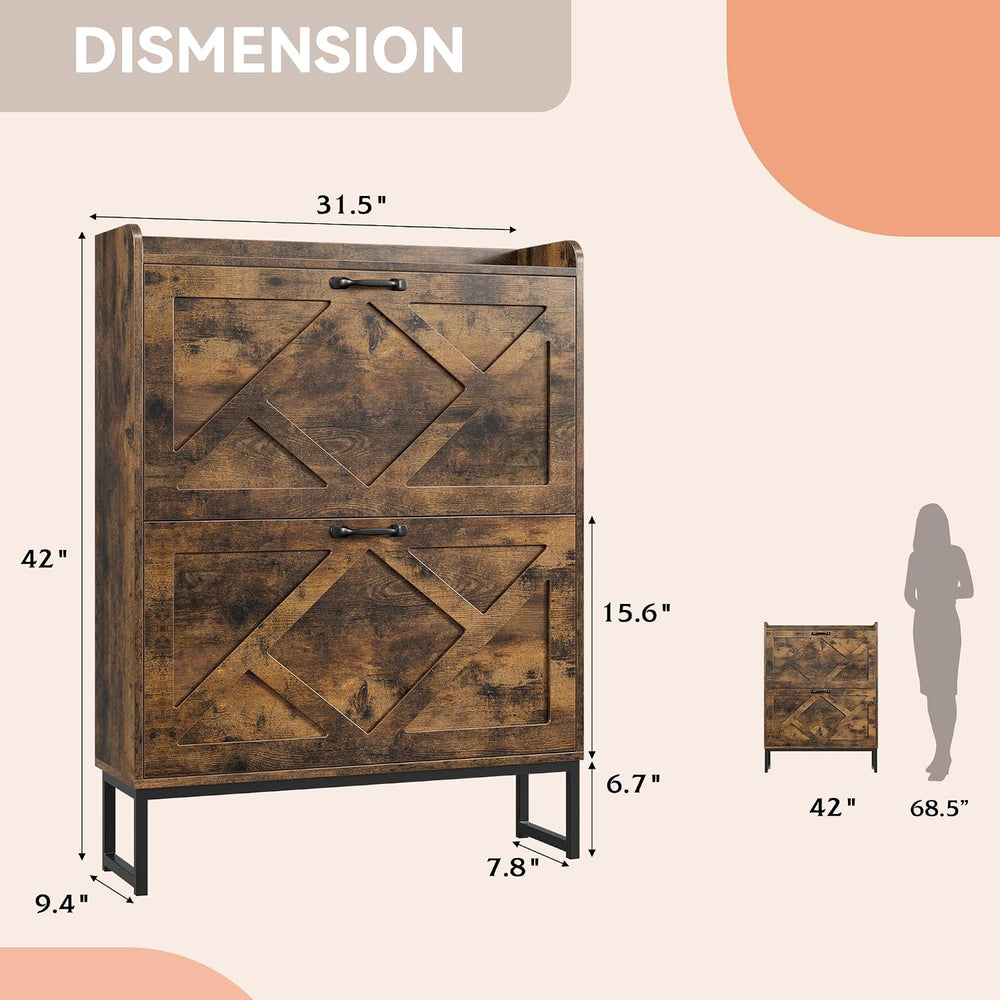 Nicetree Shoe Storage Cabinet with 2 Flip Drawers, Freestanding Wood Shoe Org...