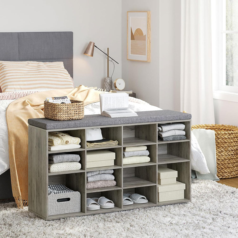 DINZI LVJ Shoe Storage Bench with Cushion, 16-Cubby Shoe Rack with Seat