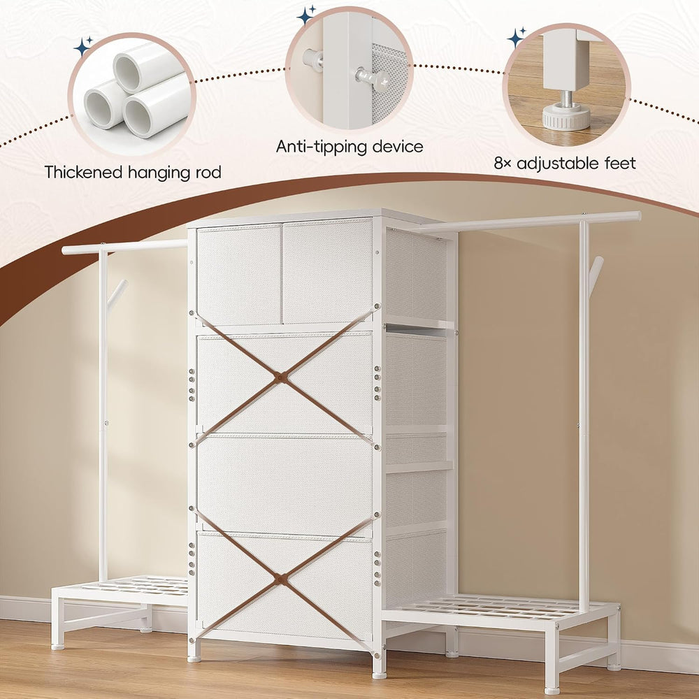 Romorgniz 3-in-1 White Dresser with Hanging Rack, 5 Drawers & 2 Shoe Racks
