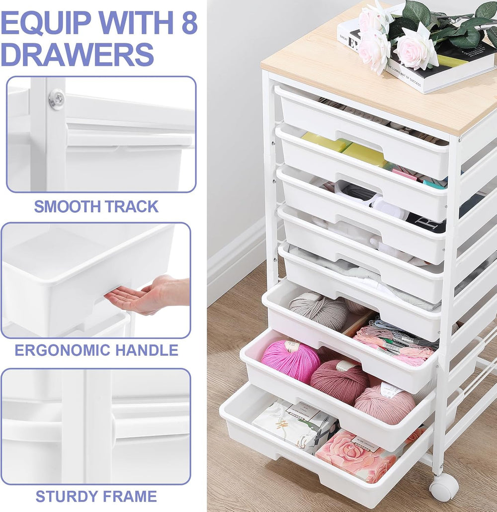 SYKIARIOL Rolling Storage Cart with Drawers, 8 Drawers Utility Cart,White