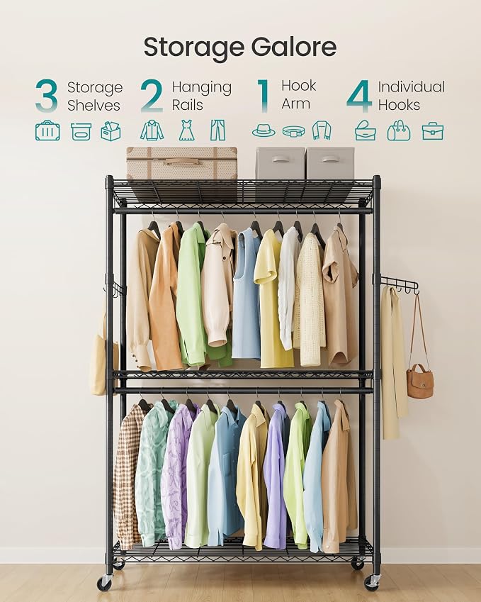 SONGMICS Heavy-Duty Rolling Clothes Rack, Garment Rack, Portable Closet
