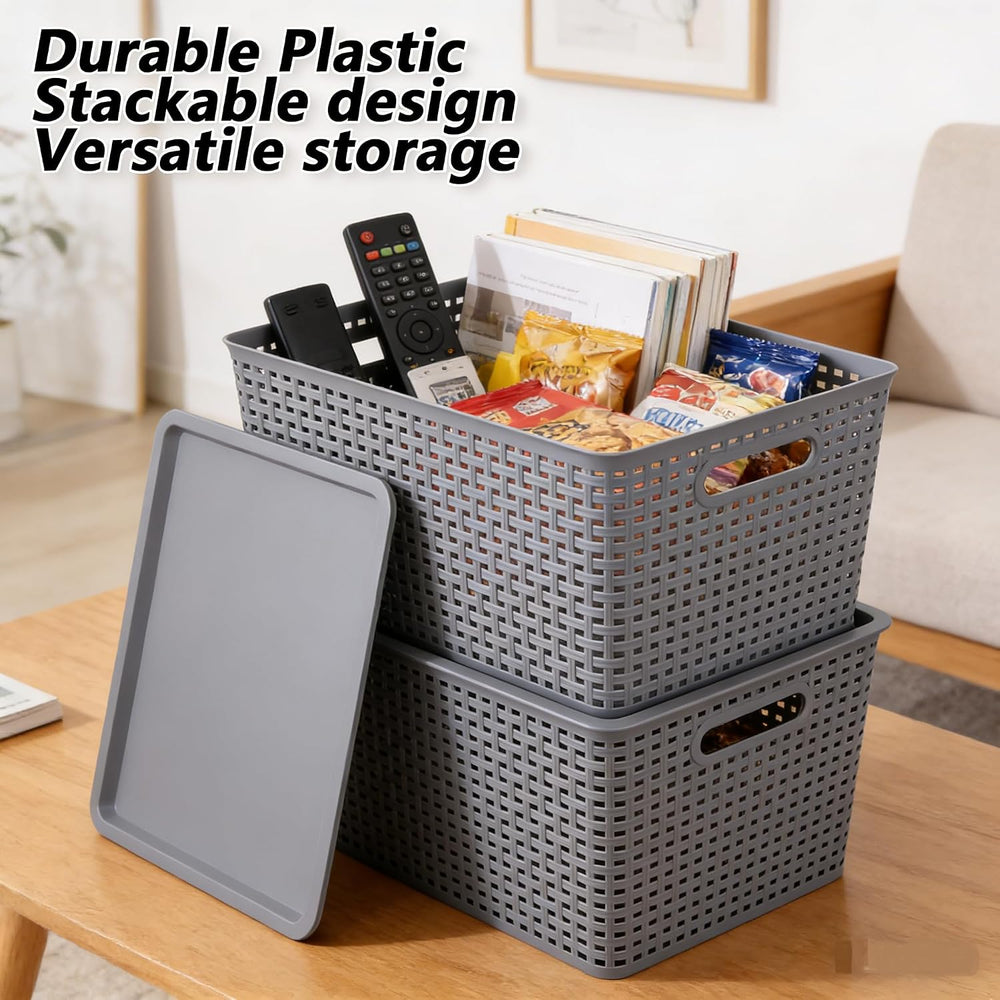 6 Pack Plastic Storage Bins with Lids, Stackable Storage Baskets with Handles...