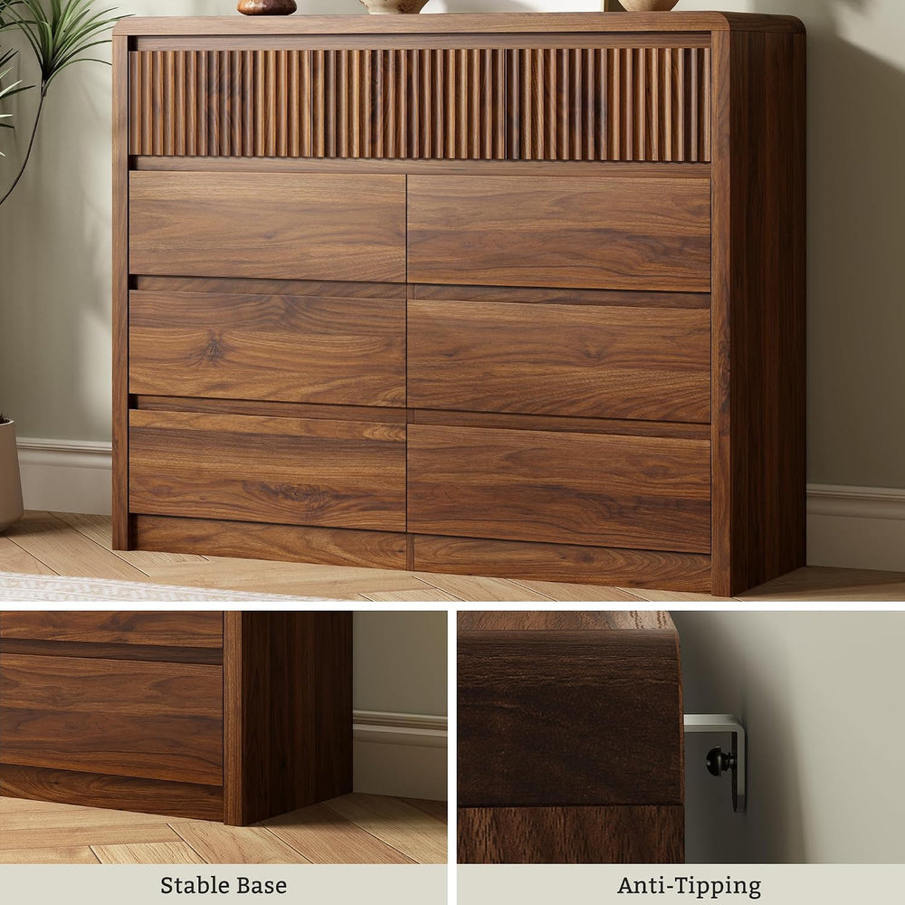 LYNSOM Walnut Fluted 9 Drawer Dresser for Bedroom, Curved Edge, 50" Wide