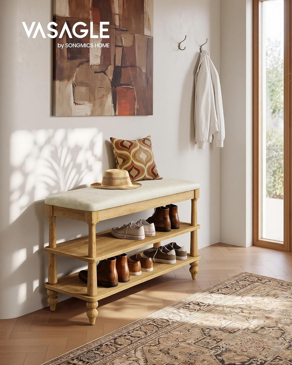 VASAGLE 2-Tier Shoe Bench, Wooden Entryway Bench, 31.5 Inches Width