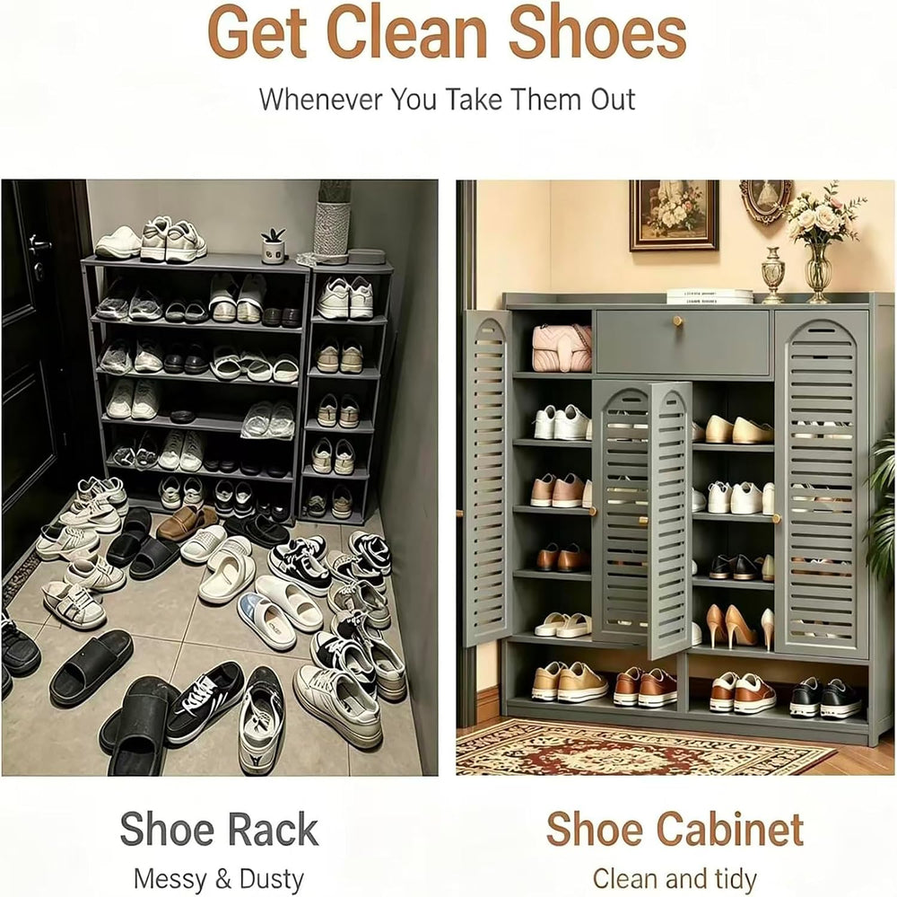 7-Tier Bamboo Shoe Cabinet, Shoe Storage Organizer with Louvered Doors and Dr...