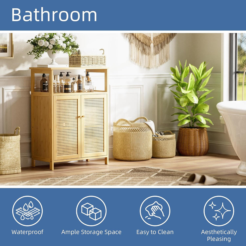 HITNET Rattan Bathroom Storage Cabinet, Bamboo Floor Cabinet with 2 Doors and...