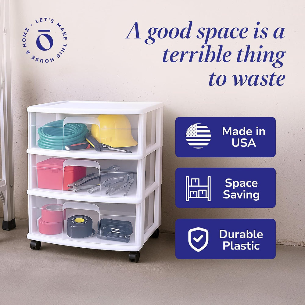 HOMZ Drawer Tower, 3-Tier Storage Cart with Removable Wheels, White Frame