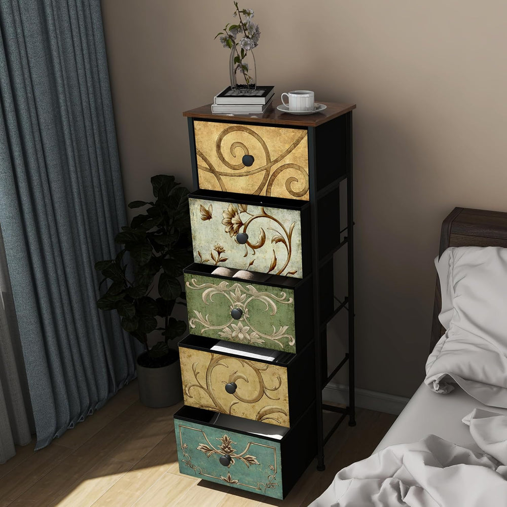 Tohomeor Small Dresser for Bedroom with Retro Flower Narrow Drawers Slim Ches...