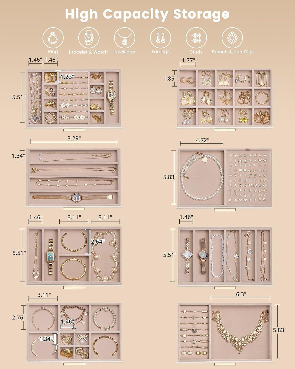 Lolalet Jewelry Box Organizer, 8-Layer Jewelry Storage Case -Beige