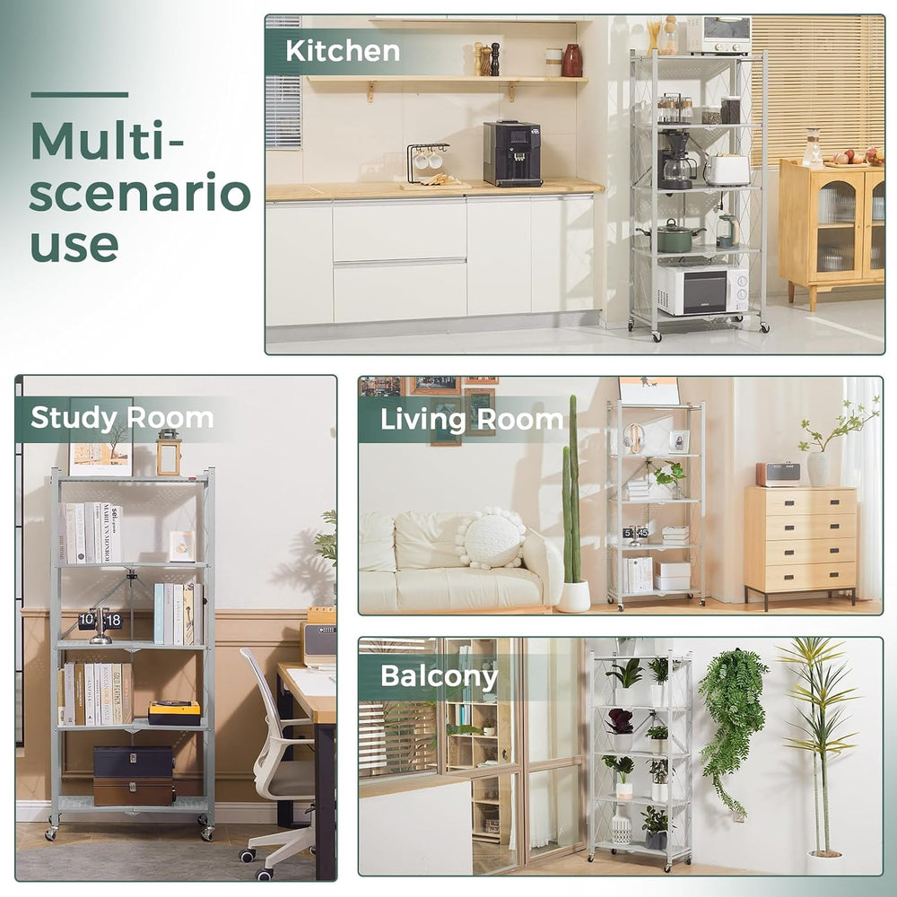 DEANIC 5 Tier Foldable Storage Shelves with Wheels, Large Capacity Shelving U...