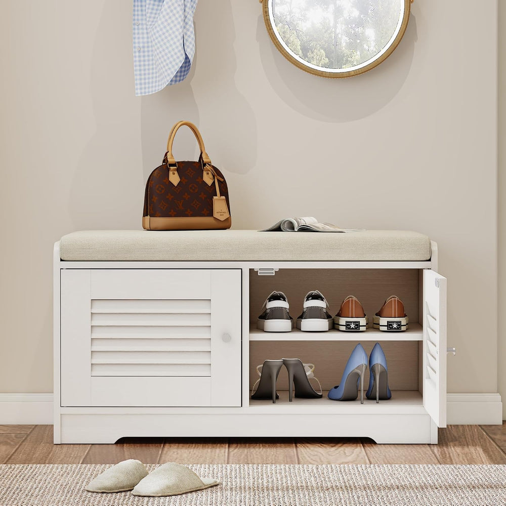 SOFTSEA Shoe Storage Bench with Cushion, 28.7" Entryway Bench with 2 Doo...