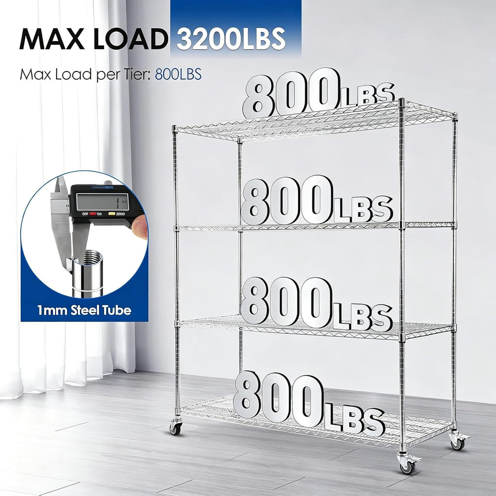 Rengue Heavy Duty Rolling Wire Shelving Unit with Wheels, 4-Tier Adjustable G...