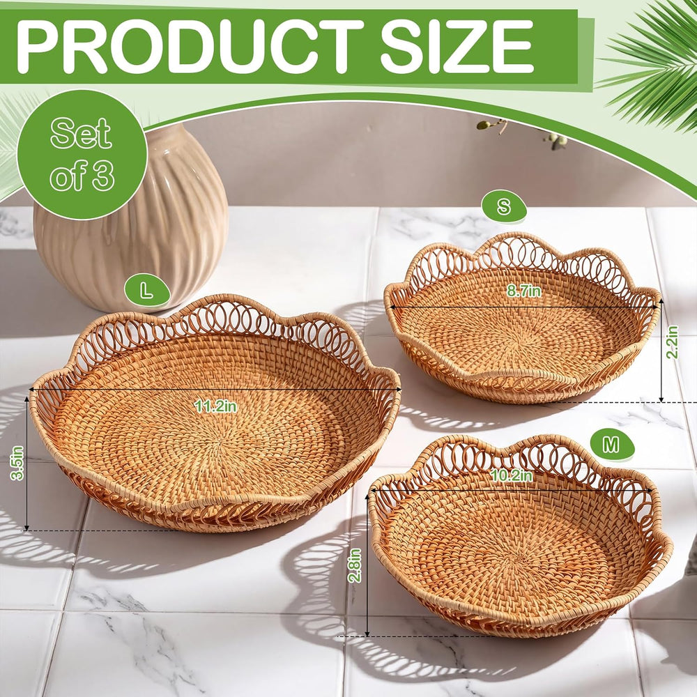 3 Pcs Rattan Bread Fruit Basket for Serving, Wicker Bread Tray Woven Round Fr...