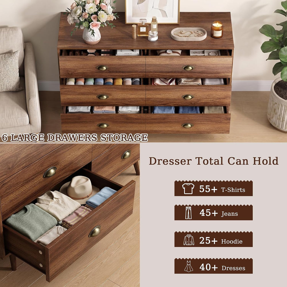 Walnut 6 Drawer Dresser for Bedroom, 47" Wood Dresser with Gold Handles.