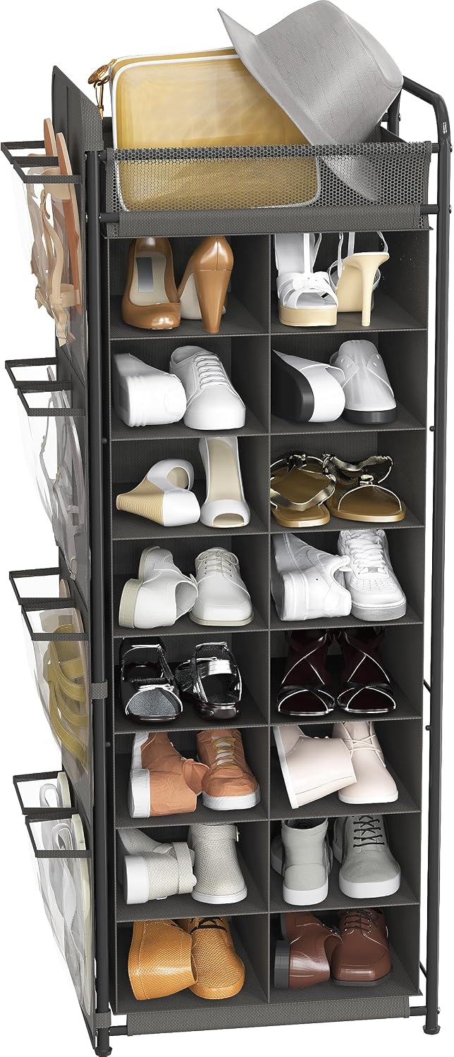 Simple Houseware 16 Cube Shoe Stand Tower Rack 8 Tier, Dark Gray