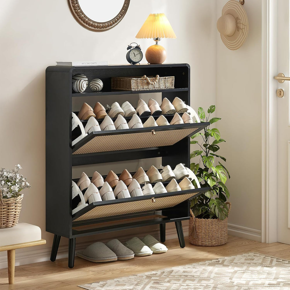 Hommoo Rattan Shoe Storage Cabinet Set of 2 with 2 Flip Doors, Wood Narrow Sh...