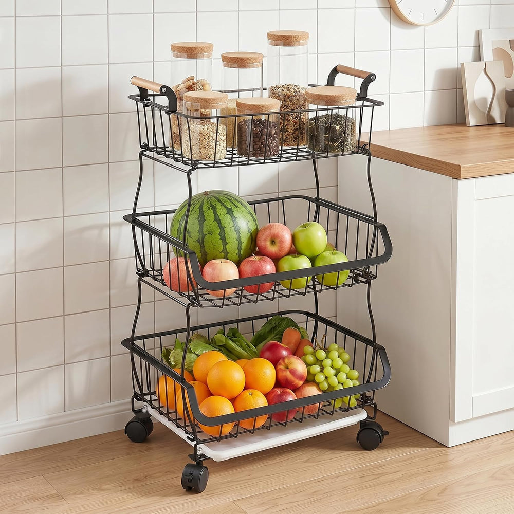 VECELO 3-Tier Fruit Basket with Wheels, Fruit and Vegetable Storage Cart for ...