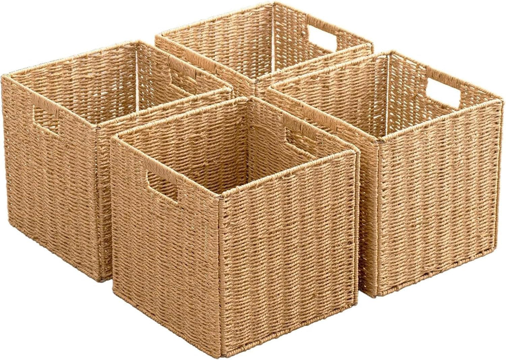 13x13x13 Storage Cube Bins Set of 4, Paper Rope Hand Woven Storage Basket wit...