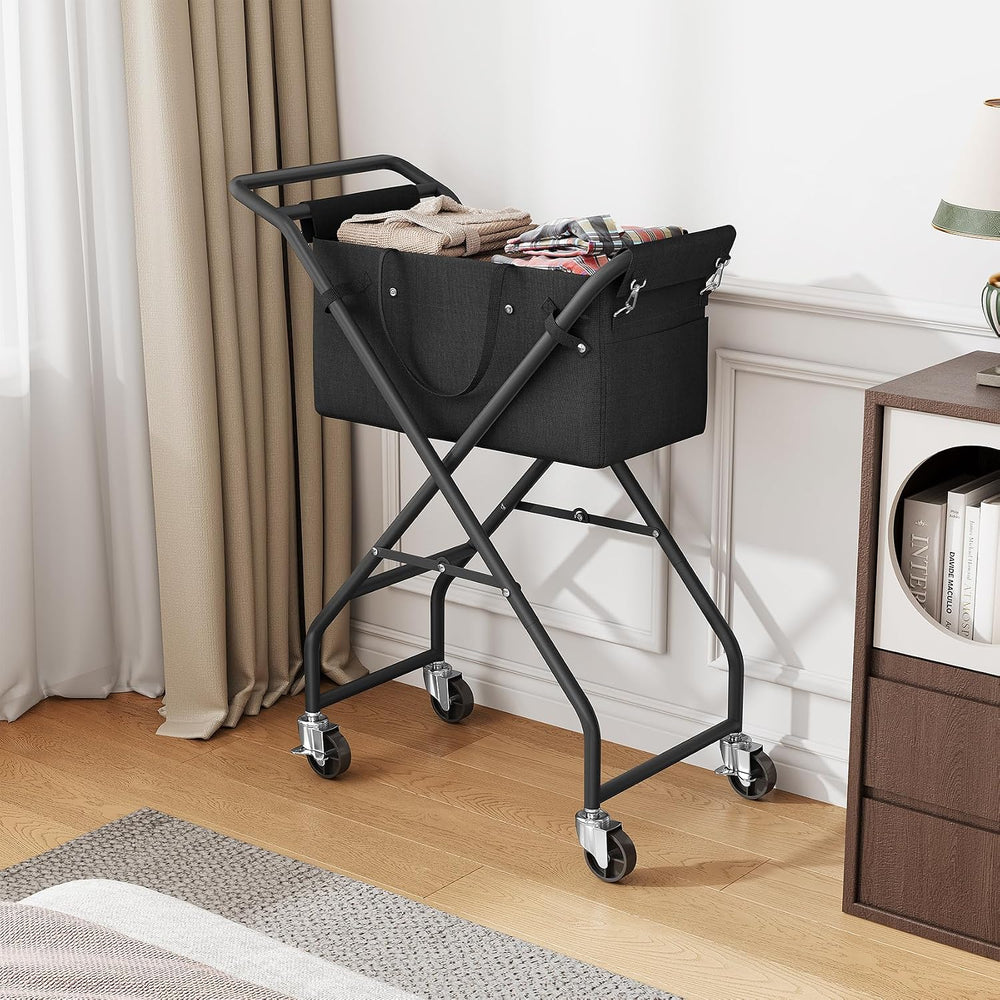 No-Bend Laundry Cart- Rolling Hamper with Locking Wheels & Handle, Foldab...