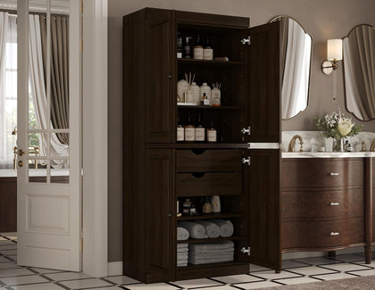 Palace Imports Solid Wood Tall Bathroom Storage Cabinet - 71.5" H x 32" W - Espresso Wooden Cabinet with 4 Raised Panel Doors & Adjustable Shelves, 100% Renewable Eco-Friendly Wood, Modular Cabinets