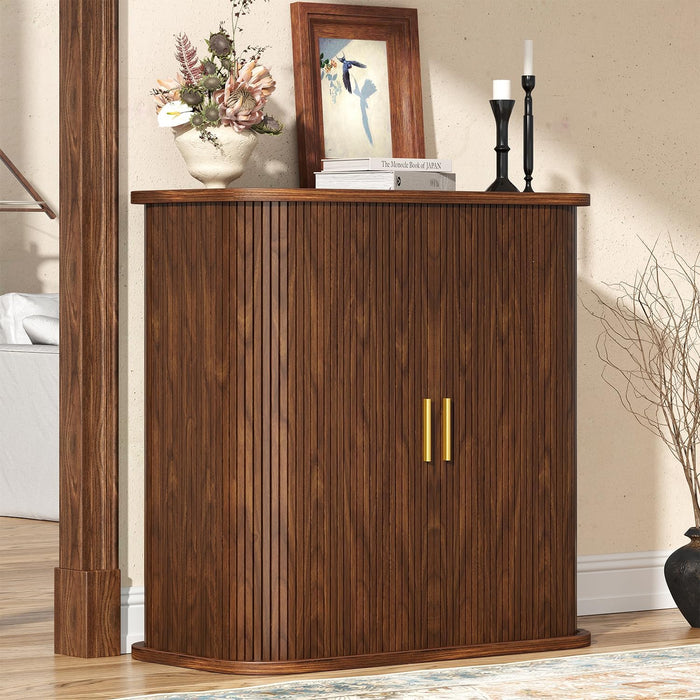 UNIQUITE 5-Tier Sliding Door Shoe Cabinet, Adjustable Shelves Wooden Shoe Storage with Gold Handle, Mid-Century Modern Freestanding Organizer for Entryway Hallway Living Room, Walnut