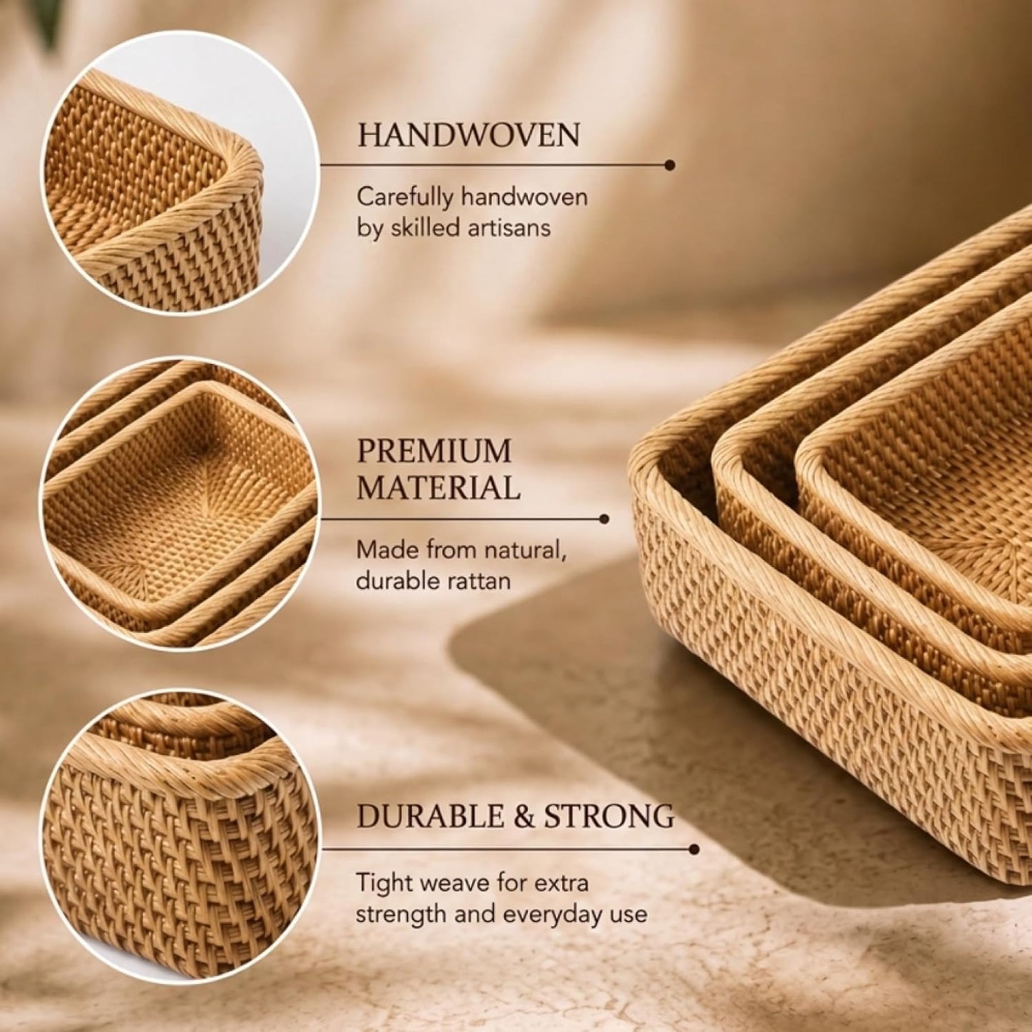Yangqihome Natural Rattan Storage Baskets, Rectangular Woven Fruit Baskets, Decorative Wicker Basket and Small Baskets for Organizing (Set of 3)