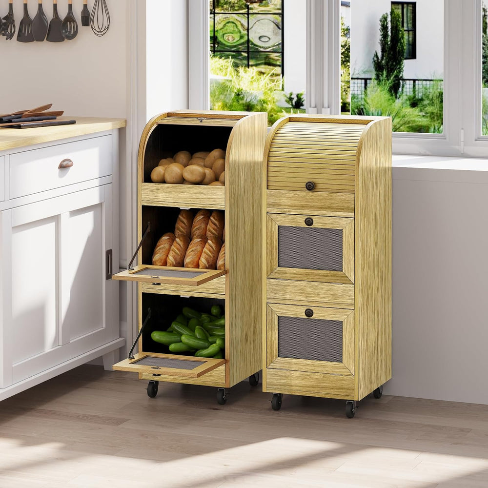Wood Color Vegetable Storage Bin with Wheels & Ventilation