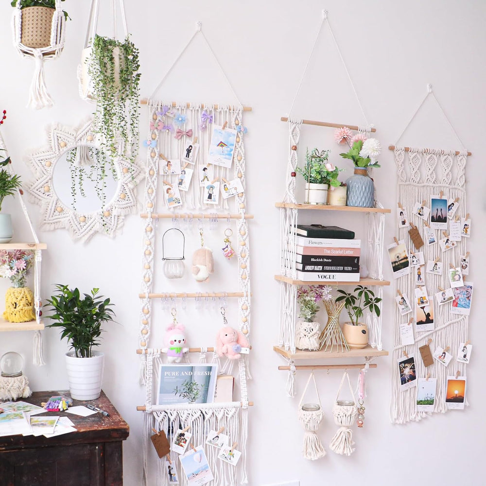 TENEWEE Boho Macrame Hanging Wall Shelf for Plant & Books Display 3-Tier