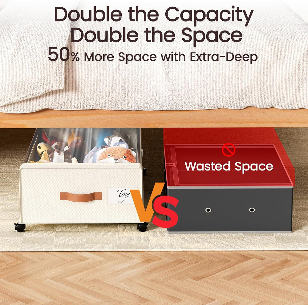 Yecaye 82L Under Bed Storage Containers, Fits 9.4" Under Bed, 2 Pack, Beige