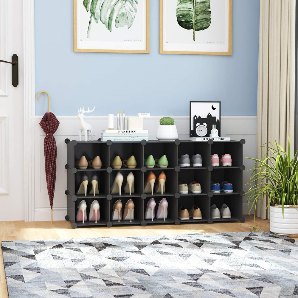 C&AHOME Plastic Shoe Rack,16-Cube Stackable Shoe Organizer Units, Black