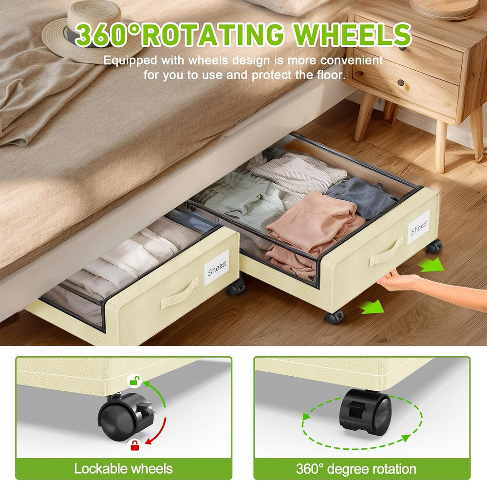 Molutsody Under Bed Storage with Wheels, 4-Pack UnderBed Storage Containers w...