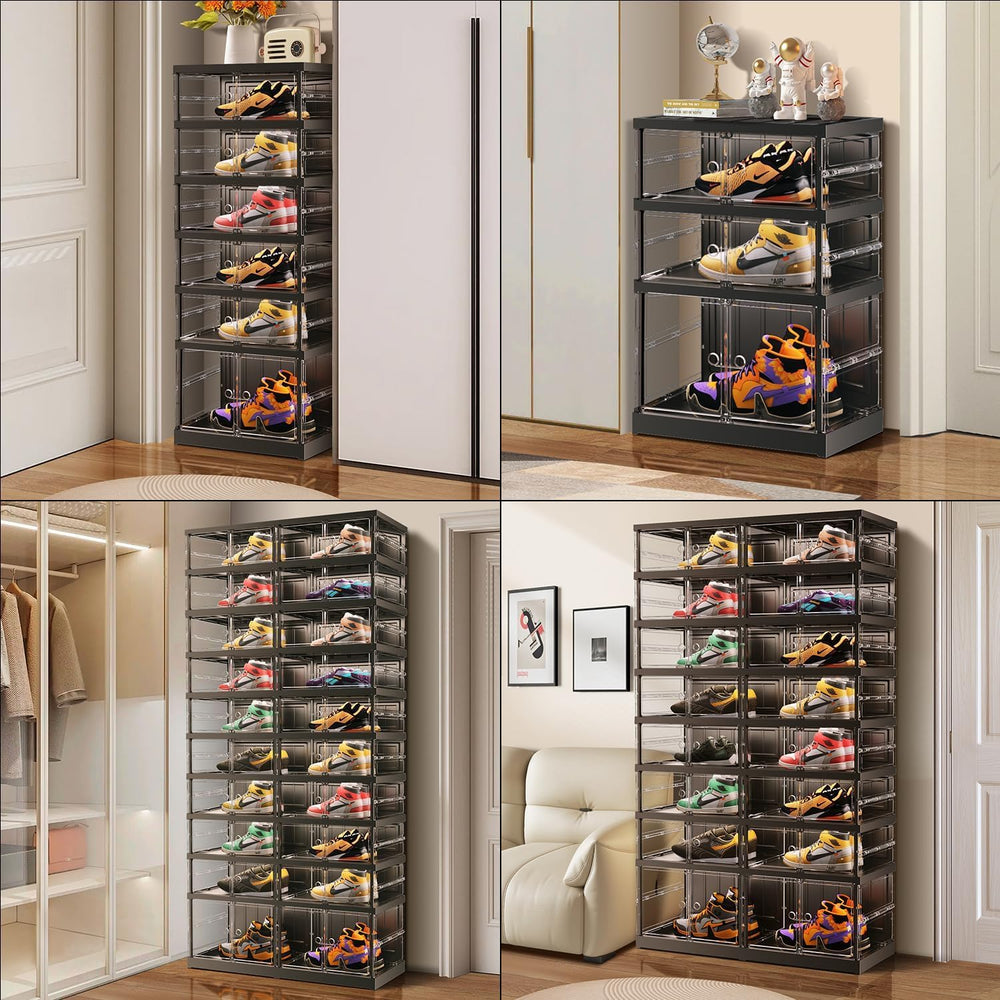 EHAMILY 3-Tier Foldable Shoe Rack, Magnetic Clear Doors, 12 Pairs, Black