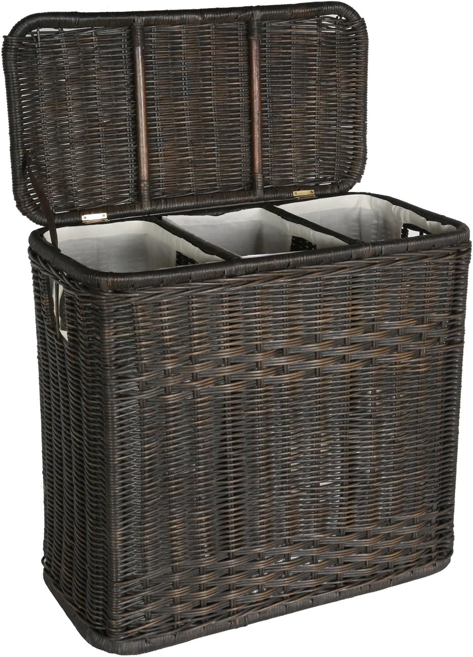 The Basket Lady 3-Compartment Wicker Laundry Hamper, Walnut Brown