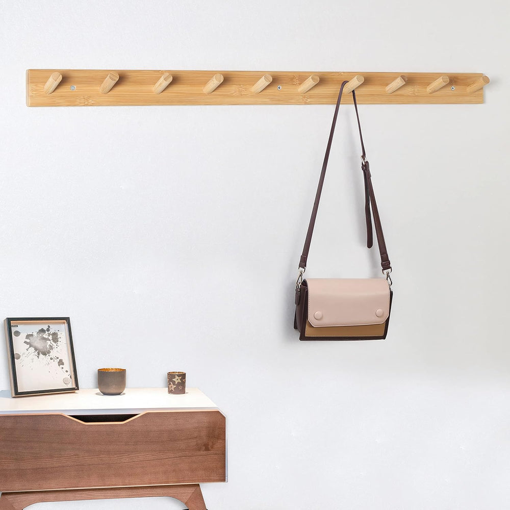 SKOLOO Wall Mounted Coat Rack 38", 10 Hooks, Bamboo, Shaker Style, Natural