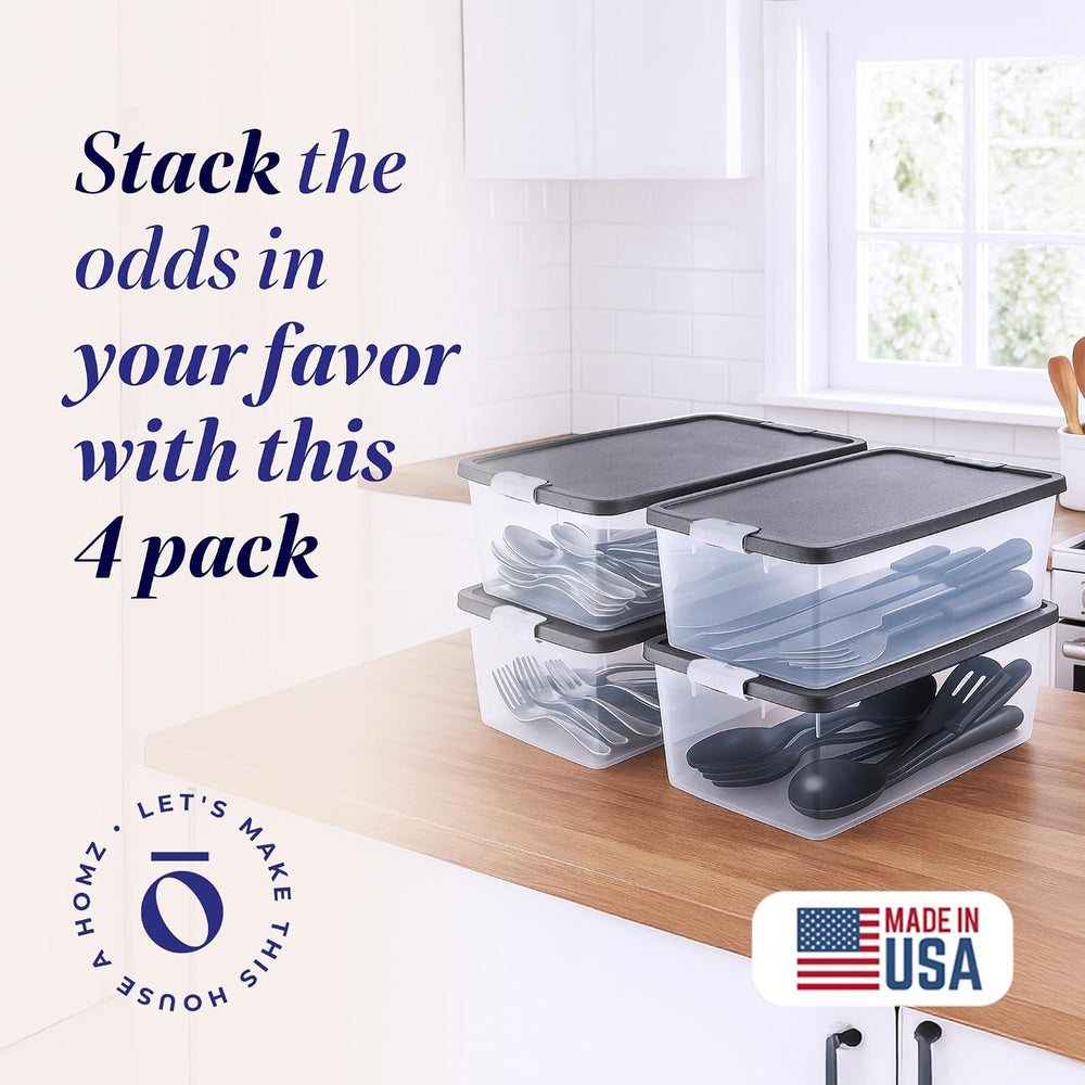 HOMZ Secure Latch, Clear Plastic Storage Organizer Bins, 15 Quart, 4 Pack