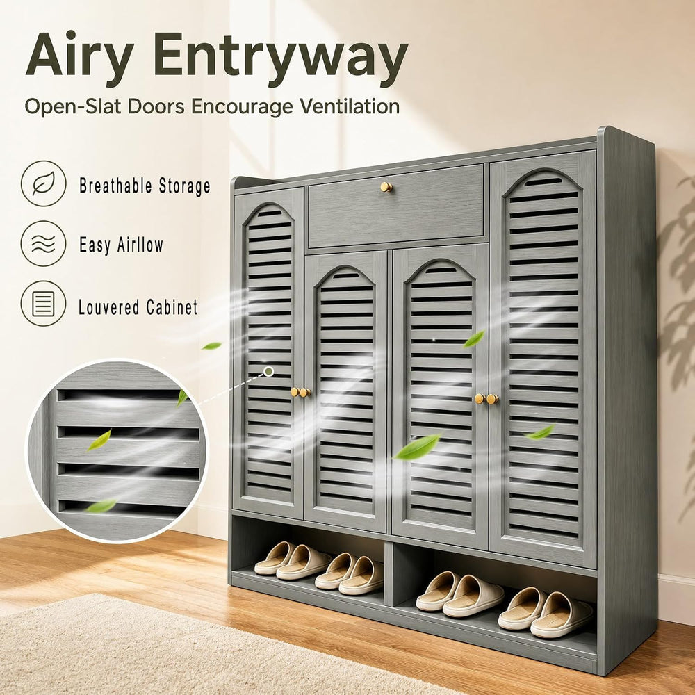7-Tier Bamboo Shoe Cabinet, Shoe Storage Organizer with Louvered Doors and Dr...